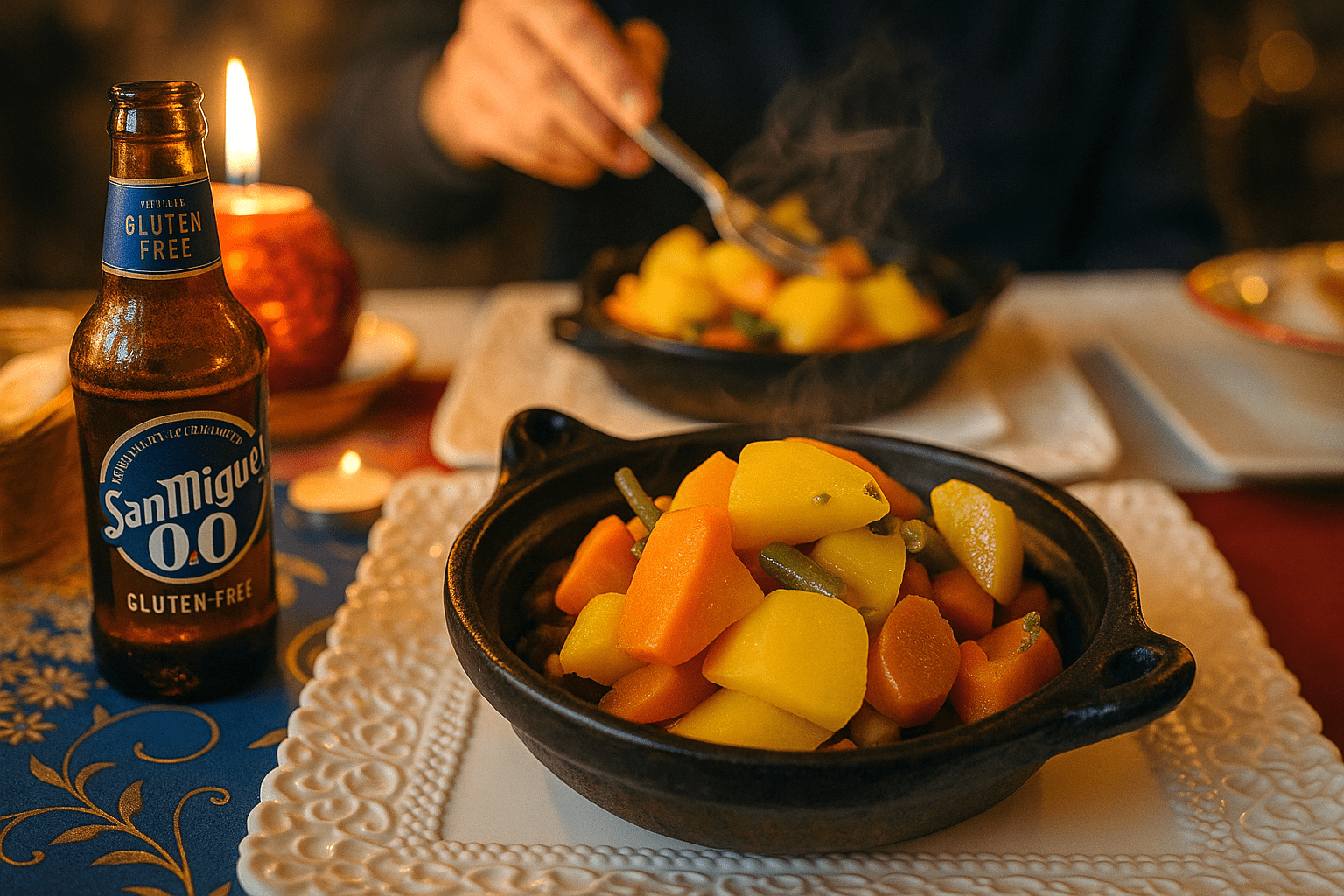 Tajine de verduras servido con cerveza sin alcohol en un restaurante marroquí