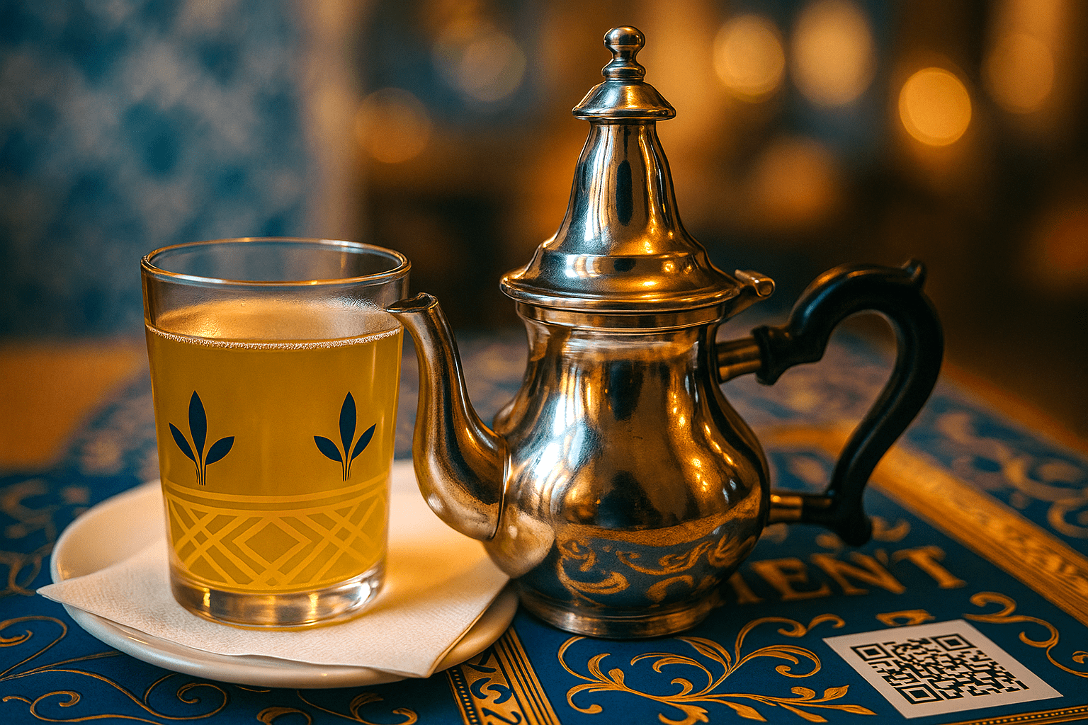Té de menta marroquí servido en vaso de cristal con tetera tradicional